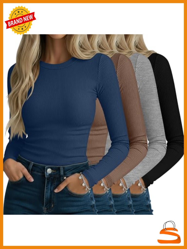 Ribbed Long Sleeve Crew Neck Tops 4 Pack Stretch Basic Tees